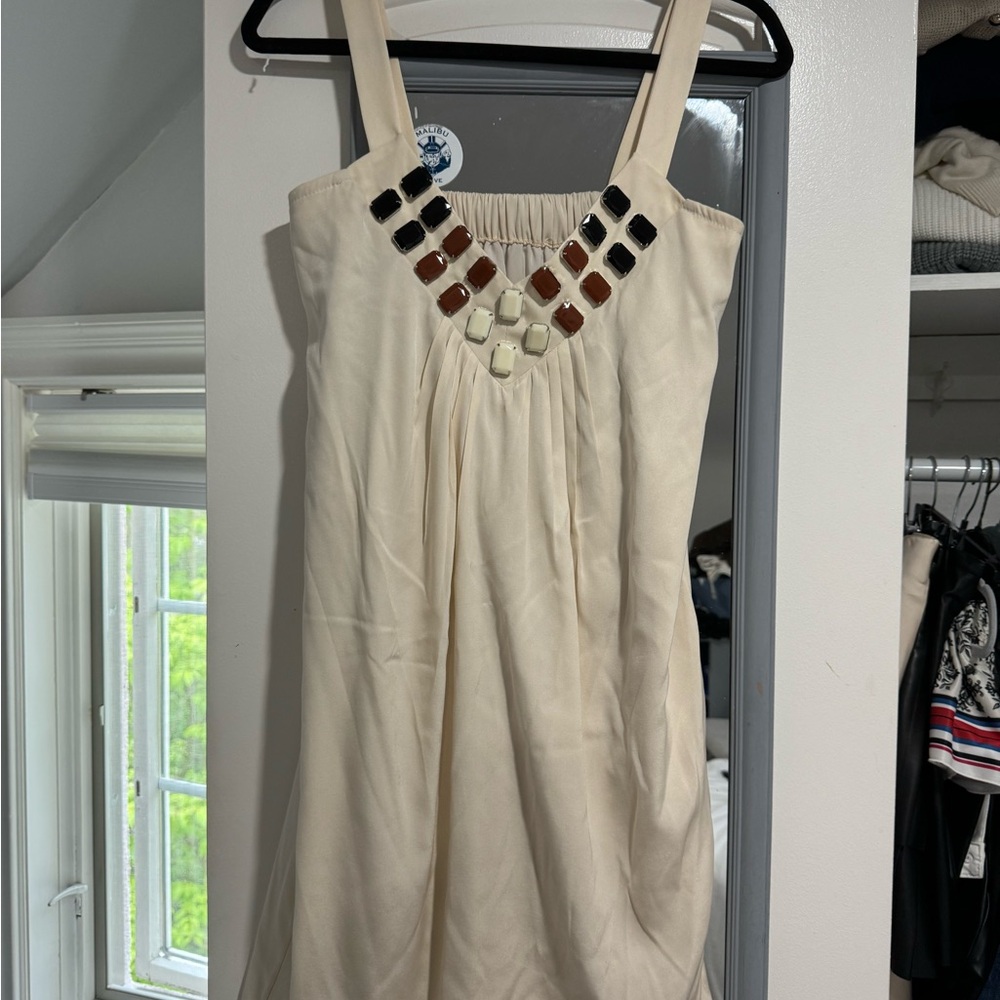 Silk Cream Sleeveless Dress with Beaded Detail
